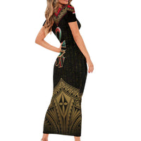 Ankh Eye of Horus Egypt Family Matching Short Sleeve Bodycon Dress and Hawaiian Shirt with Ancient Black Gold Hieroglyph Spirit