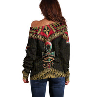 Ankh Eye of Horus Egypt Off Shoulder Sweater with Ancient Black Gold Hieroglyph Spirit