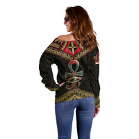 Ankh Eye of Horus Egypt Off Shoulder Sweater with Ancient Black Gold Hieroglyph Spirit