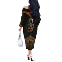 Ankh Eye of Horus Egypt Off The Shoulder Long Sleeve Dress with Ancient Black Gold Hieroglyph Spirit