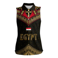 Ankh Eye of Horus Egypt Women Sleeveless Polo Shirt with Ancient Black Gold Hieroglyph Spirit