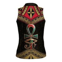 Ankh Eye of Horus Egypt Women Sleeveless Polo Shirt with Ancient Black Gold Hieroglyph Spirit
