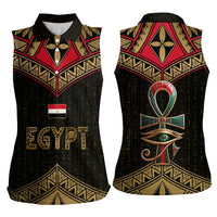 Ankh Eye of Horus Egypt Women Sleeveless Polo Shirt with Ancient Black Gold Hieroglyph Spirit