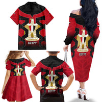 Egypt Flag Emblem Family Matching Off The Shoulder Long Sleeve Dress and Hawaiian Shirt with Red Black Bold Spirit