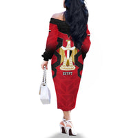 Egypt Flag Emblem Family Matching Off The Shoulder Long Sleeve Dress and Hawaiian Shirt with Red Black Bold Spirit