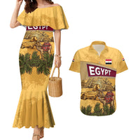 Egyptian Pyramids and Anubis Couples Matching Mermaid Dress and Hawaiian Shirt with Camel Caravan Desert