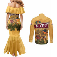 Egyptian Pyramids and Anubis Couples Matching Mermaid Dress and Long Sleeve Button Shirt with Camel Caravan Desert