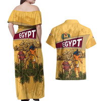 Egyptian Pyramids and Anubis Couples Matching Off Shoulder Maxi Dress and Hawaiian Shirt with Camel Caravan Desert