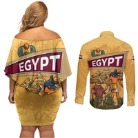 Egyptian Pyramids and Anubis Couples Matching Off Shoulder Short Dress and Long Sleeve Button Shirt with Camel Caravan Desert
