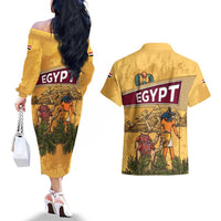 Egyptian Pyramids and Anubis Couples Matching Off The Shoulder Long Sleeve Dress and Hawaiian Shirt with Camel Caravan Desert