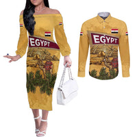 Egyptian Pyramids and Anubis Couples Matching Off The Shoulder Long Sleeve Dress and Long Sleeve Button Shirt with Camel Caravan Desert