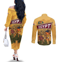 Egyptian Pyramids and Anubis Couples Matching Off The Shoulder Long Sleeve Dress and Long Sleeve Button Shirt with Camel Caravan Desert