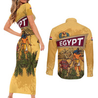Egyptian Pyramids and Anubis Couples Matching Short Sleeve Bodycon Dress and Long Sleeve Button Shirt with Camel Caravan Desert