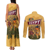 Egyptian Pyramids and Anubis Couples Matching Tank Maxi Dress and Long Sleeve Button Shirt with Camel Caravan Desert