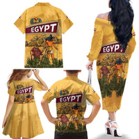 Egyptian Pyramids and Anubis Family Matching Off The Shoulder Long Sleeve Dress and Hawaiian Shirt with Camel Caravan Desert