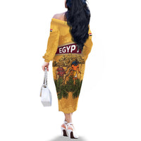 Egyptian Pyramids and Anubis Family Matching Off The Shoulder Long Sleeve Dress and Hawaiian Shirt with Camel Caravan Desert