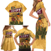 Egyptian Pyramids and Anubis Family Matching Short Sleeve Bodycon Dress and Hawaiian Shirt with Camel Caravan Desert