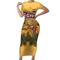 Egyptian Pyramids and Anubis Family Matching Short Sleeve Bodycon Dress and Hawaiian Shirt with Camel Caravan Desert