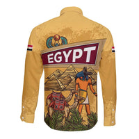 Egyptian Pyramids and Anubis Long Sleeve Button Shirt with Camel Caravan Desert