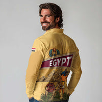 Egyptian Pyramids and Anubis Long Sleeve Polo Shirt with Camel Caravan Desert