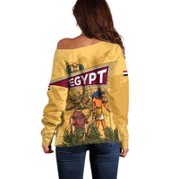 Egyptian Pyramids and Anubis Off Shoulder Sweater with Camel Caravan Desert