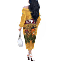 Egyptian Pyramids and Anubis Off The Shoulder Long Sleeve Dress with Camel Caravan Desert