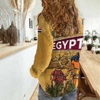 Egyptian Pyramids and Anubis Women Casual Shirt with Camel Caravan Desert