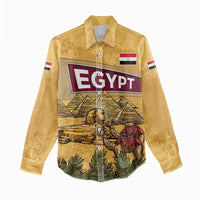 Egyptian Pyramids and Anubis Women Casual Shirt with Camel Caravan Desert