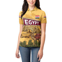 Egyptian Pyramids and Anubis Women Polo Shirt with Camel Caravan Desert