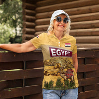 Egyptian Pyramids and Anubis Women Polo Shirt with Camel Caravan Desert