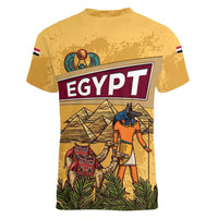 Egyptian Pyramids and Anubis Women V-Neck T-Shirt with Camel Caravan Desert