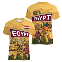 Egyptian Pyramids and Anubis Women V-Neck T-Shirt with Camel Caravan Desert