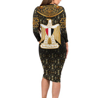 Pharaoh King Tut Egypt Family Matching Long Sleeve Bodycon Dress and Hawaiian Shirt with Hieroglyphic Gold Pattern