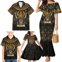 Pharaoh King Tut Egypt Family Matching Mermaid Dress and Hawaiian Shirt with Hieroglyphic Gold Pattern
