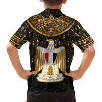 Pharaoh King Tut Egypt Family Matching Off The Shoulder Long Sleeve Dress and Hawaiian Shirt with Hieroglyphic Gold Pattern