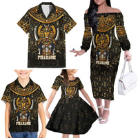 Pharaoh King Tut Egypt Family Matching Off The Shoulder Long Sleeve Dress and Hawaiian Shirt with Hieroglyphic Gold Pattern