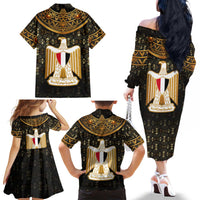 Pharaoh King Tut Egypt Family Matching Off The Shoulder Long Sleeve Dress and Hawaiian Shirt with Hieroglyphic Gold Pattern