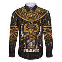 Pharaoh King Tut Egypt Family Matching Off The Shoulder Long Sleeve Dress and Hawaiian Shirt with Hieroglyphic Gold Pattern