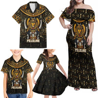 Pharaoh King Tut Egypt Family Matching Off Shoulder Maxi Dress and Hawaiian Shirt with Hieroglyphic Gold Pattern