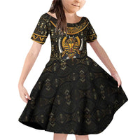 Pharaoh King Tut Egypt Family Matching Off Shoulder Short Dress and Hawaiian Shirt with Hieroglyphic Gold Pattern