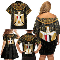 Pharaoh King Tut Egypt Family Matching Off Shoulder Short Dress and Hawaiian Shirt with Hieroglyphic Gold Pattern