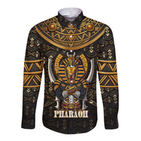 Pharaoh King Tut Egypt Long Sleeve Button Shirt with Hieroglyphic Gold Pattern