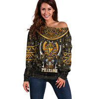 Pharaoh King Tut Egypt Off Shoulder Sweater with Hieroglyphic Gold Pattern