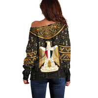 Pharaoh King Tut Egypt Off Shoulder Sweater with Hieroglyphic Gold Pattern