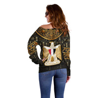 Pharaoh King Tut Egypt Off Shoulder Sweater with Hieroglyphic Gold Pattern
