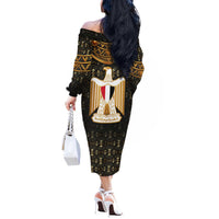 Pharaoh King Tut Egypt Off The Shoulder Long Sleeve Dress with Hieroglyphic Gold Pattern