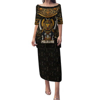 Pharaoh King Tut Egypt Puletasi with Hieroglyphic Gold Pattern