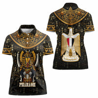 Pharaoh King Tut Egypt Women Polo Shirt with Hieroglyphic Gold Pattern