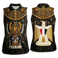 Pharaoh King Tut Egypt Women Sleeveless Polo Shirt with Hieroglyphic Gold Pattern