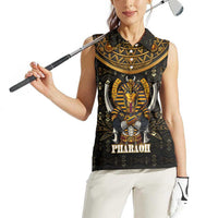 Pharaoh King Tut Egypt Women Sleeveless Polo Shirt with Hieroglyphic Gold Pattern